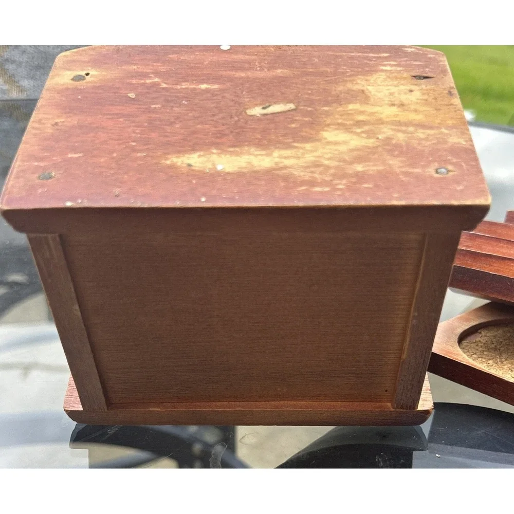 Vintage Mid Century Drawer Coaster Set, Brass / Wood / Cork / Set of 8